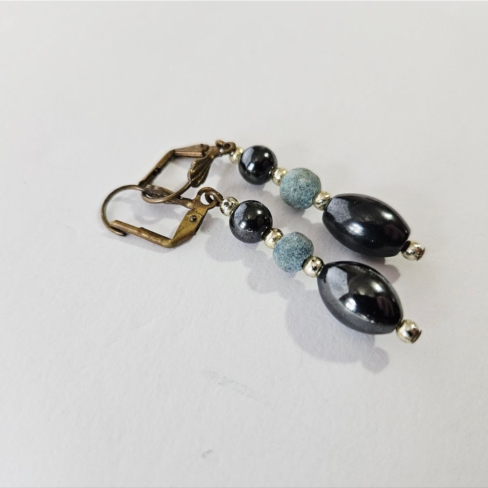Vintage Black Hematite Natural Stone Silver Round Bead Dangle Drop Earrings Set